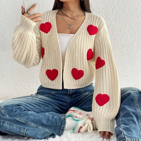 Multicolor Casual Womens Heart Pattern Drop Shoulder Duster Cardigan - Picture 3 of 5